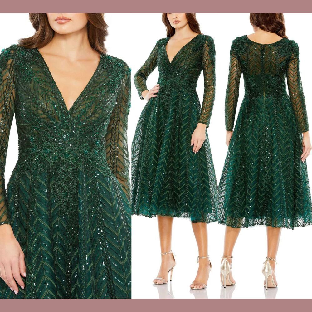 NWT $598 Mac Duggal [ 8 ] Embellished Long Sleeve Wrap Over Dress Emerald #G1895